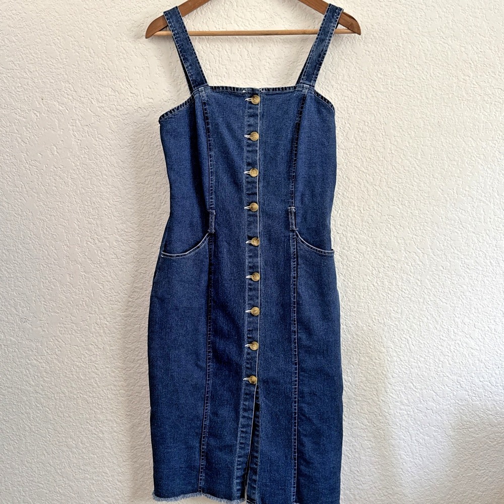 Mebon By Machine Jeans Denim Button Dress Belted Frayed Hem Women's Size M